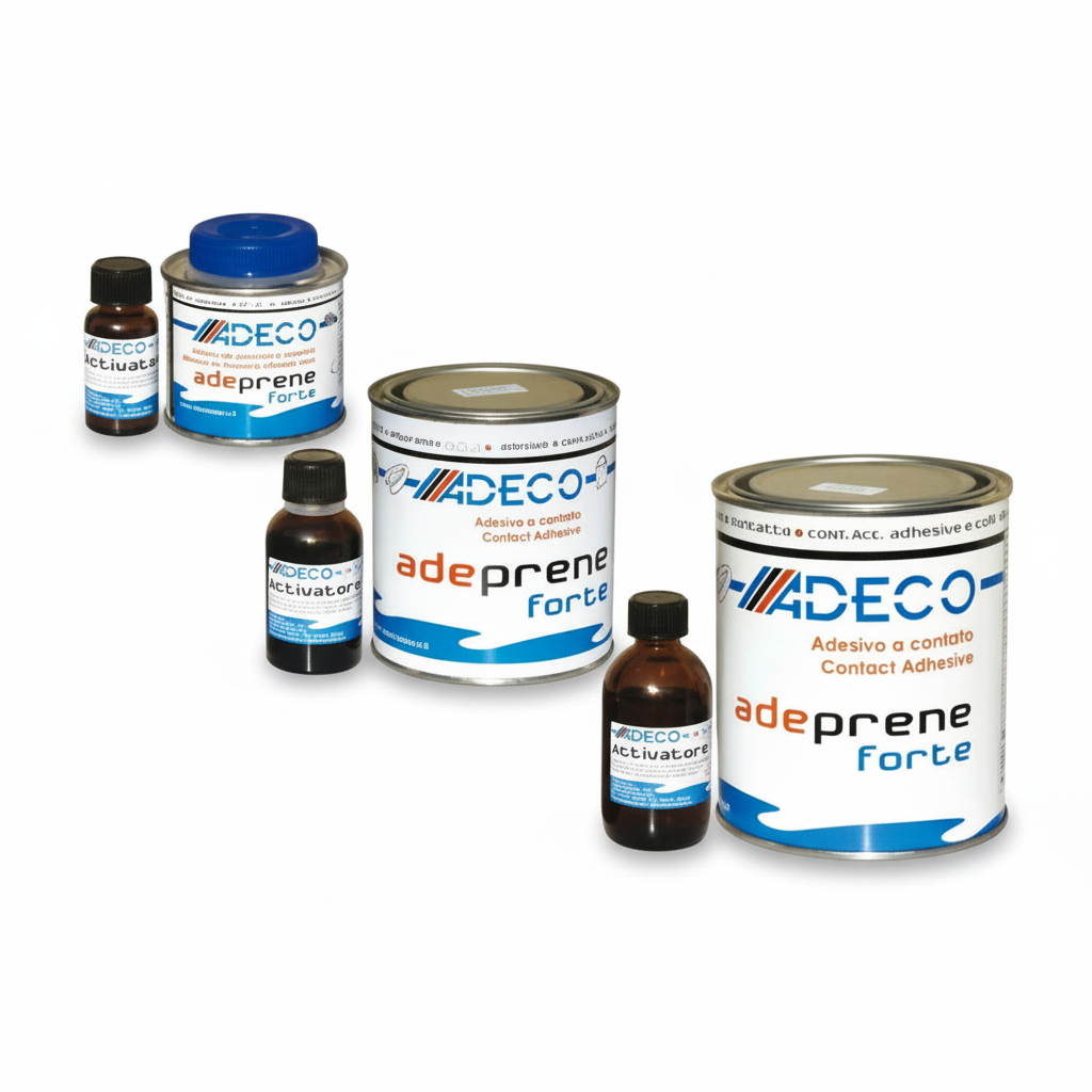 Adesivo bicomponente Adeco Adeprene Forte per gommoni, lattine metalliche bianche e flaconi activatore marroni