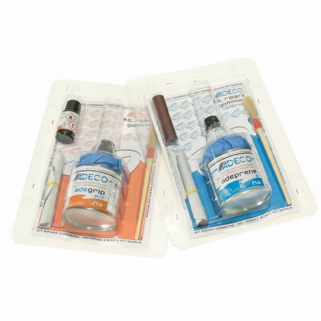 Kit riparazione gommoni Adeco con adesivo adeprene/adegrip, pennello e accessori in blister trasparente