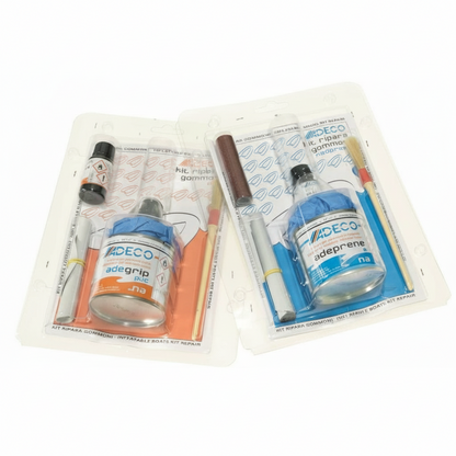 Kit riparazione gommoni Adeco con adesivo adeprene/adegrip, pennello e accessori in blister trasparente