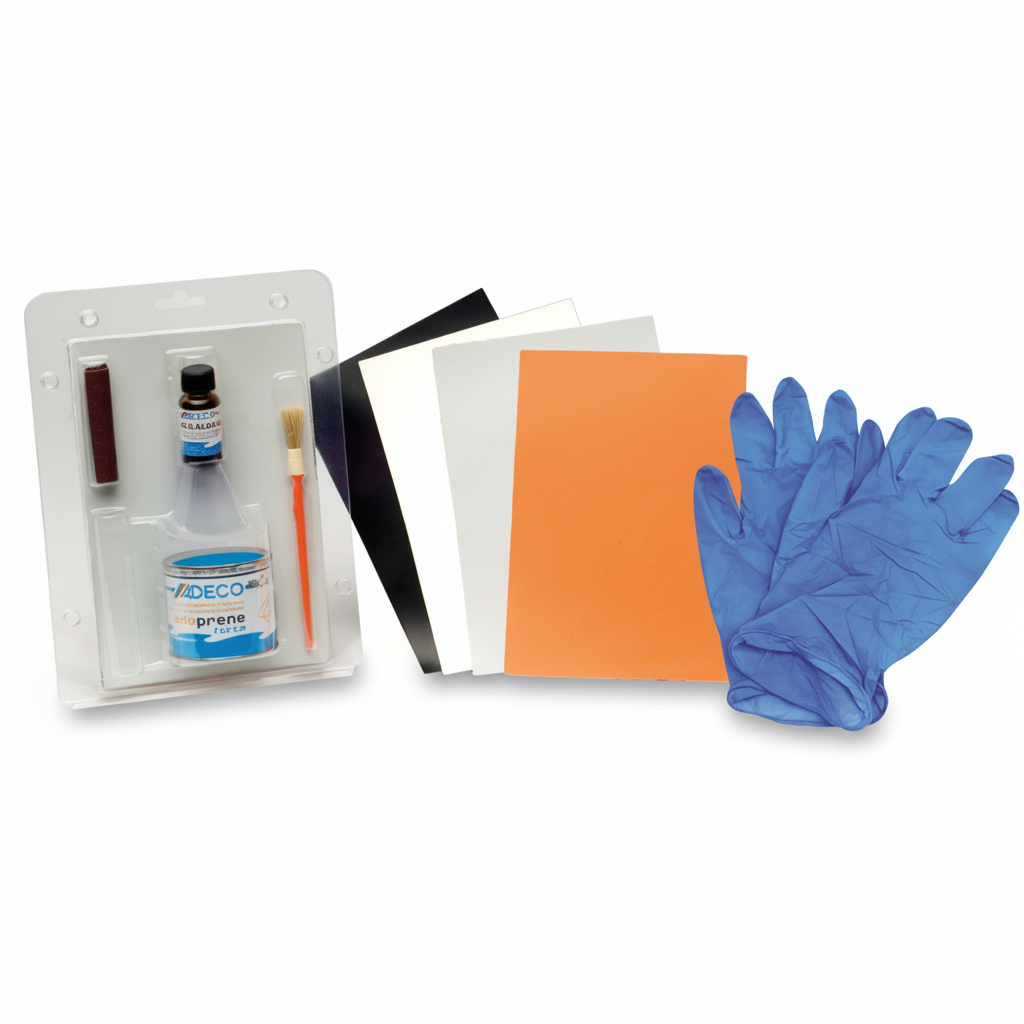 Kit riparazione neoprene per gommoni con adesivo, pennello, colla e patch grigie, bianche e arancioni