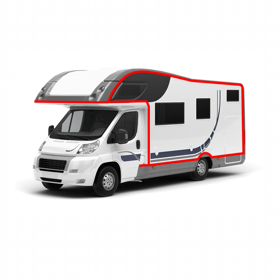 Applicazione sigillante adesivo MS SUPER su giunzione tetto-parete camper bianco, area evidenziata in rosso