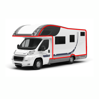 Applicazione sigillante adesivo MS SUPER su giunzione tetto-parete camper bianco, area evidenziata in rosso