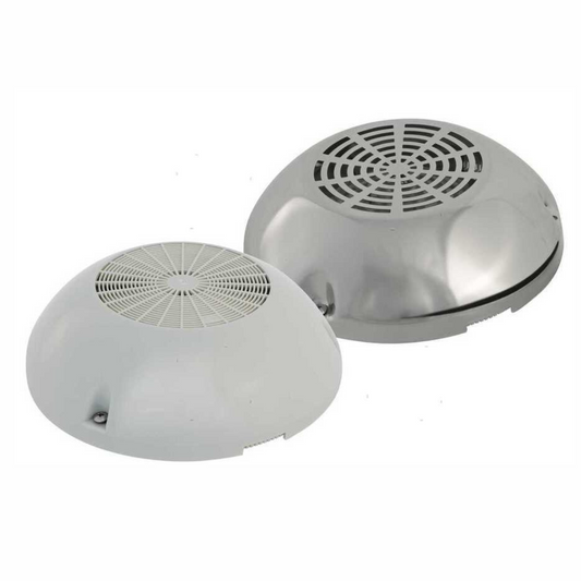 Aeratore da coperta Roca Ø200mm in polimero bianco e versione cromata, forma emisferica con griglia circolare