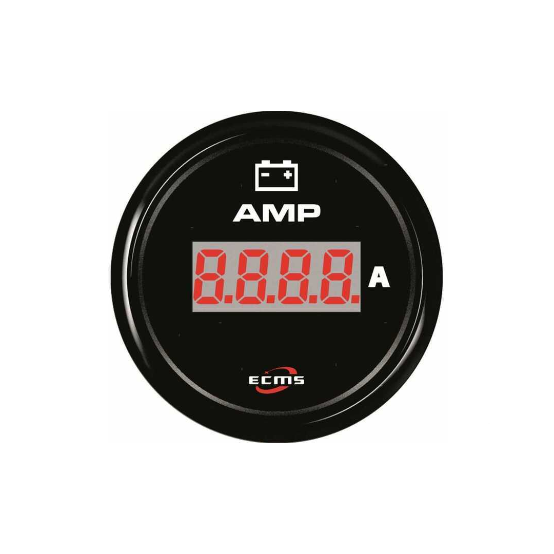 Amperometro digitale nautico ECMS All Black tondo nero con display rosso e unità A