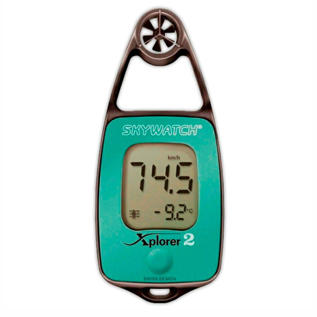 Anemometro Skywatch Xplorer 2 turchese con display LCD che mostra 74.5 km/h e -9.2°C