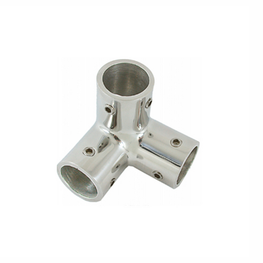 Angolare trivio 3 vie in acciaio inox lucido Ø 22 mm, raccordo tubolare a 90° con viti di fissaggio