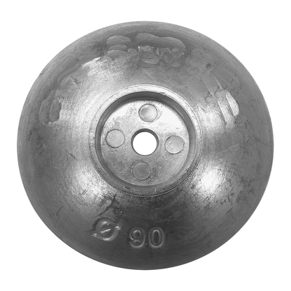 Anodo a flangia in lega di zinco sferico, colore grigio metallico, con foro centrale e fissaggi
