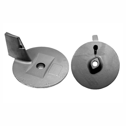 Anodo pinna orientabile O.M.C. E.B. in zinco grigio, forma circolare con staffa, visto fronte e retro