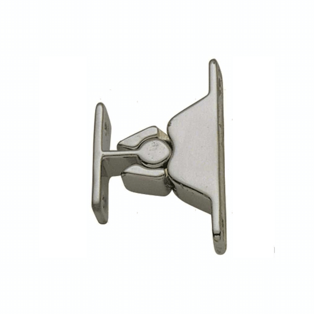 Arresto a spinta in ottone cromato lucido, forma triangolare con base piatta, vista frontale