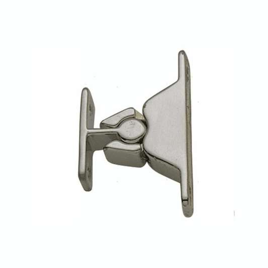 Arresto a spinta in ottone cromato lucido, forma triangolare con base piatta, vista frontale
