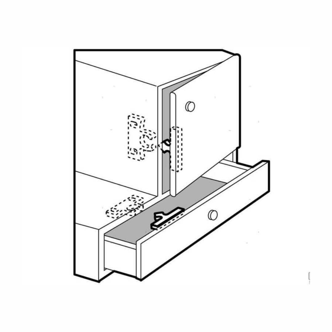 Disegno tecnico arresto a spinta in ottone 50x8mm montato su anta e cassetto