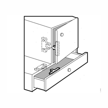 Disegno tecnico arresto a spinta in ottone 50x8mm montato su anta e cassetto