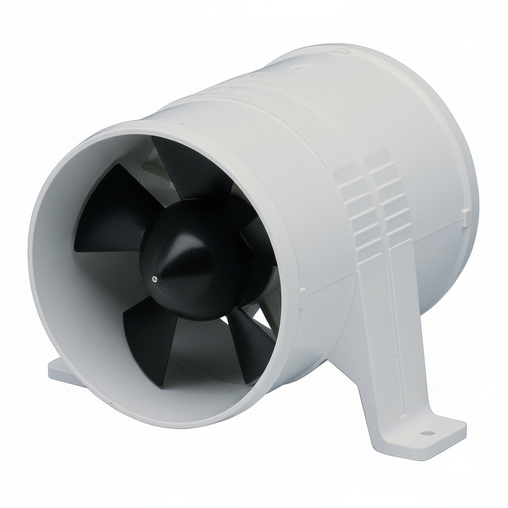 Ventilatore aspiratore Attwood 12V bianco in plastica con girante nera a pale, cilindrico con supporto di montaggio