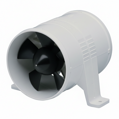 Ventilatore aspiratore Attwood 12V bianco in plastica con girante nera a pale, cilindrico con supporto di montaggio