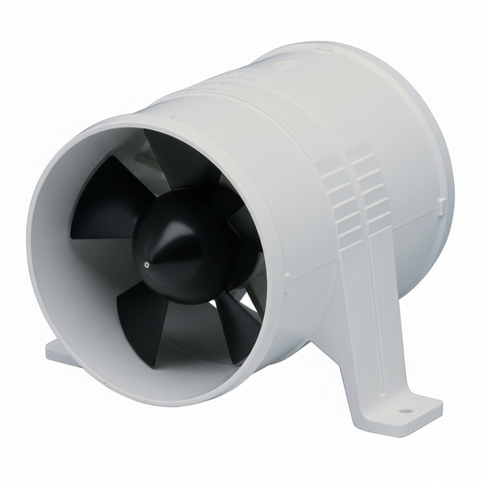 Ventilatore aspiratore Attwood 12V bianco in plastica con girante nera a pale, cilindrico con supporto di montaggio