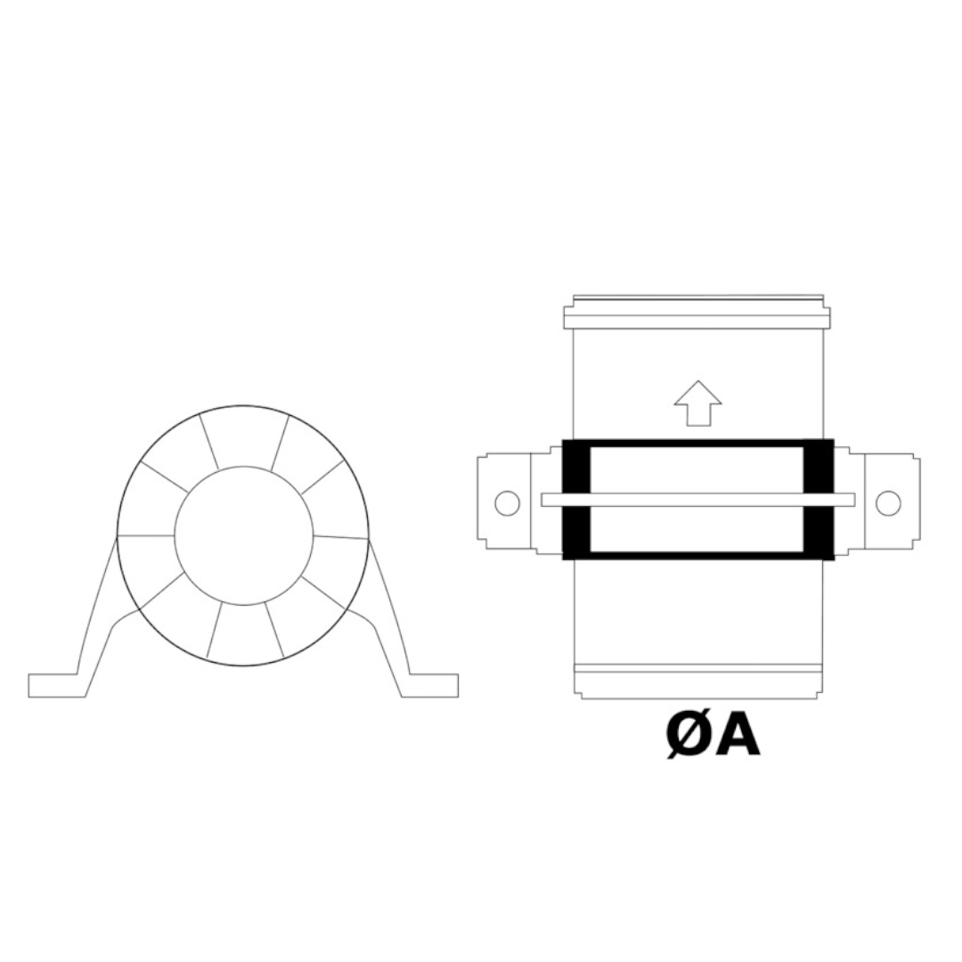 Disegno tecnico aspiratore ventilatore Attwood 3,3 m³ 12V, vista frontale e laterale con indicatore flusso