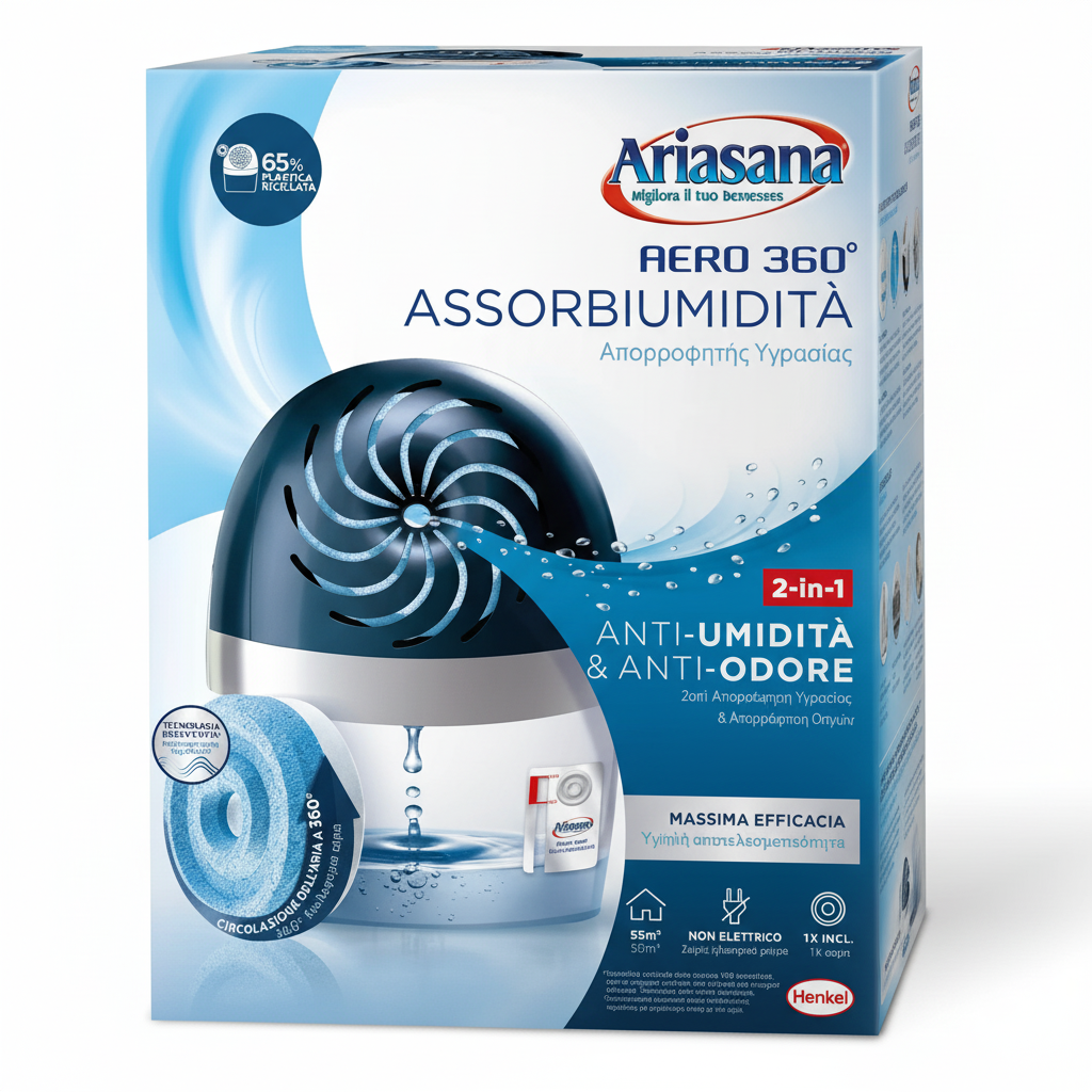 Assorbiumidità Ariasana Aero 360° kit completo, dispositivo rotondo blu scuro con tavoletta inclusa