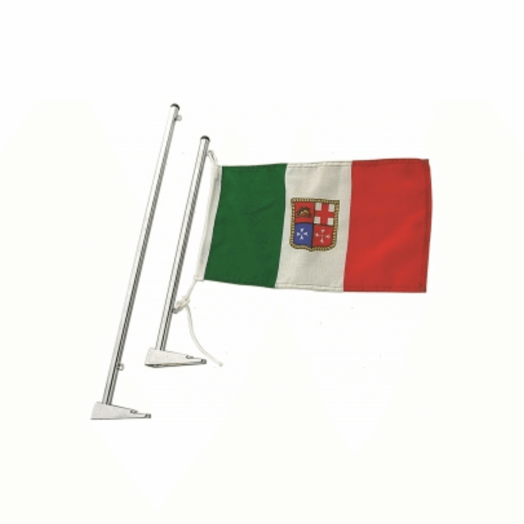 Asta portabandiera 350mm ottone cromato con bandiera italiana Marina Mercantile su supporto a parete