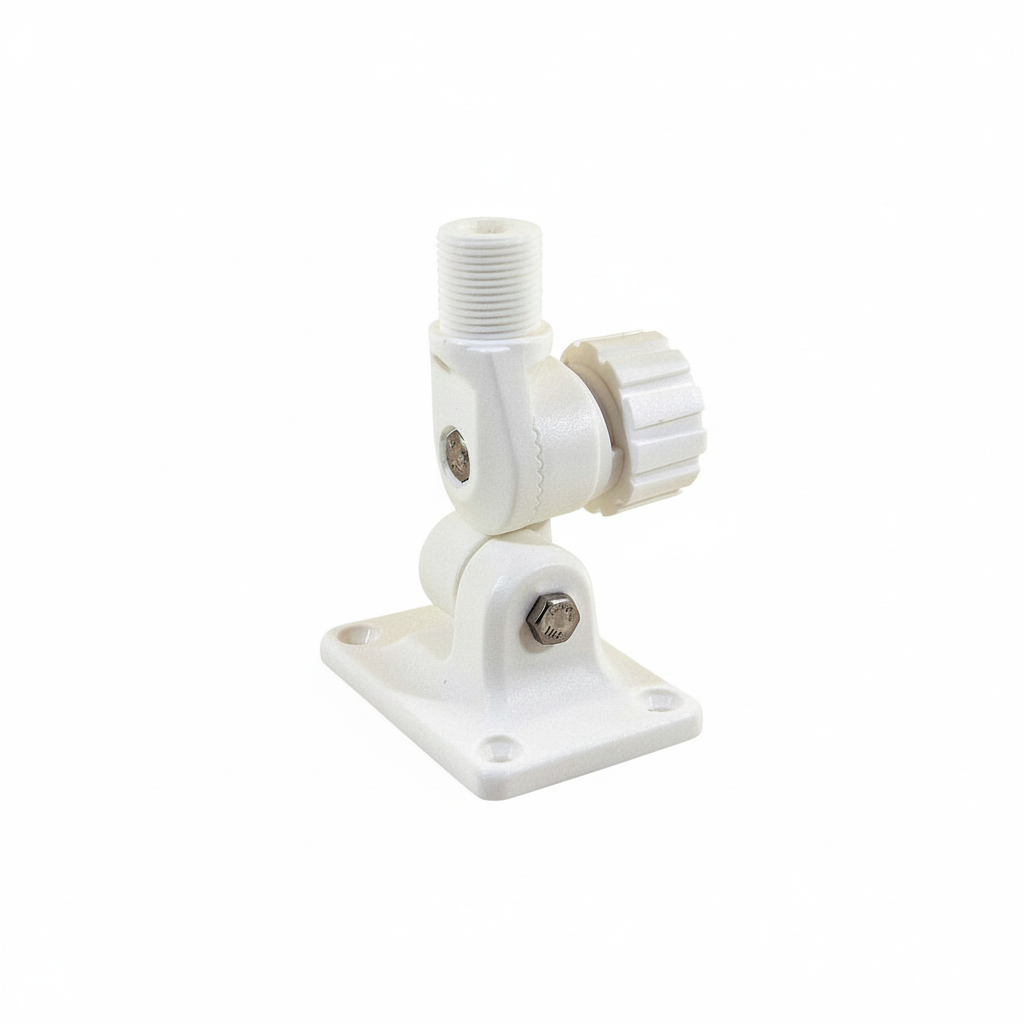Base antenna regolabile a pomello in nylon bianco con snodo orientabile e piastra di fissaggio a vite