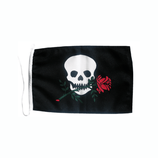 Bandiera pirata nera 20x30 cm con teschio bianco e rosa rossa, in tessuto con corda di fissaggio