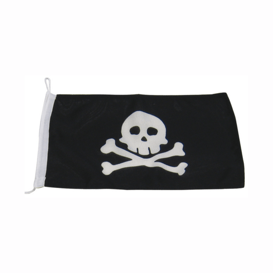 Bandiera pirata nera 20x30 cm in tessuto con teschio e tibie bianche, passante per l'asta