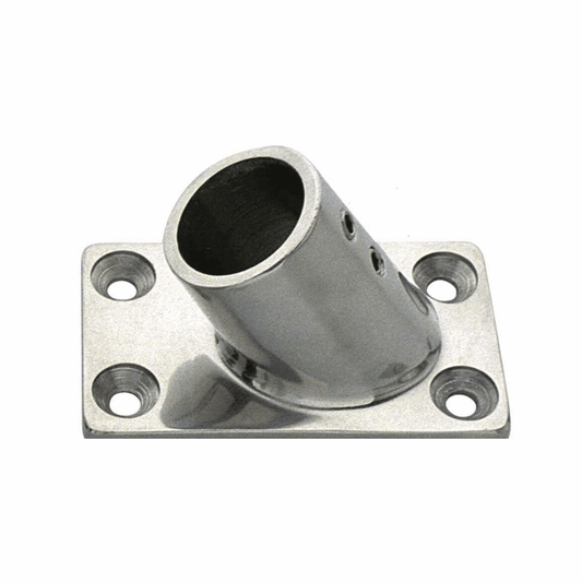 Base quadra inox AISI 316 a 60° con foro tubolare e 4 fori di fissaggio, finitura lucida