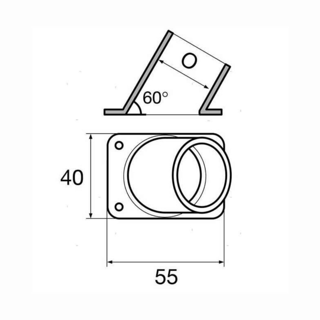 Scheda tecnica Base Quadra 60° Acciaio Inox AISI 316, dimensioni 55x40mm con foro centrale
