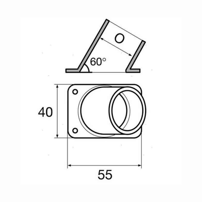 Scheda tecnica Base Quadra 60° Acciaio Inox AISI 316, dimensioni 55x40mm con foro centrale