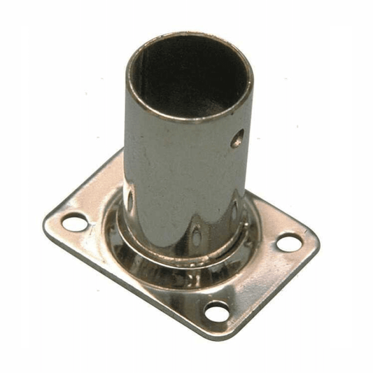 Base quadra 90° acciaio inox lucido con tubo cilindrico verticale e 4 fori di fissaggio per supporto corrimano