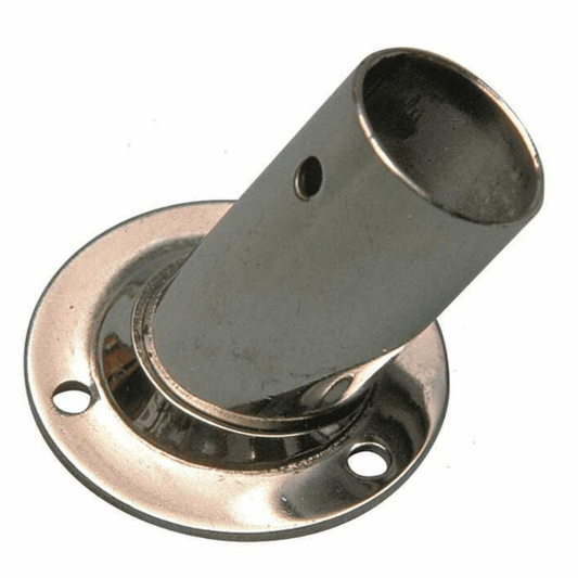Base tonda 60° acciaio inox lucido con tubo inclinato e flangia circolare fori viti