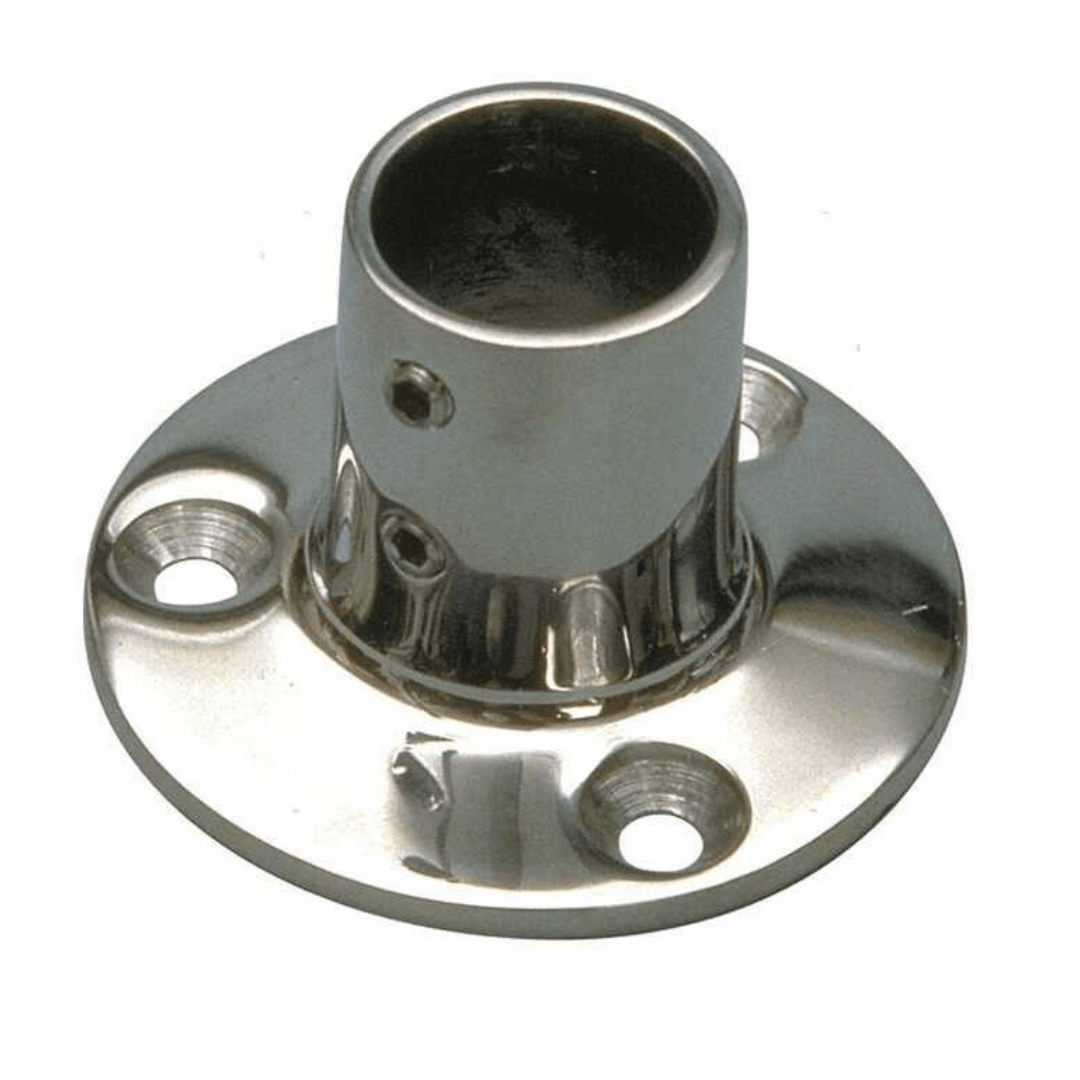 Base tonda 90° per candeliere in acciaio inox lucido, flangia circolare con fori di fissaggio