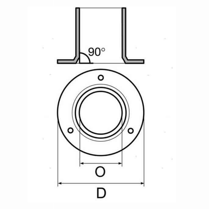 Scheda tecnica base tonda 90° acciaio inox AISI 316 con dimensioni foro O e diametro D