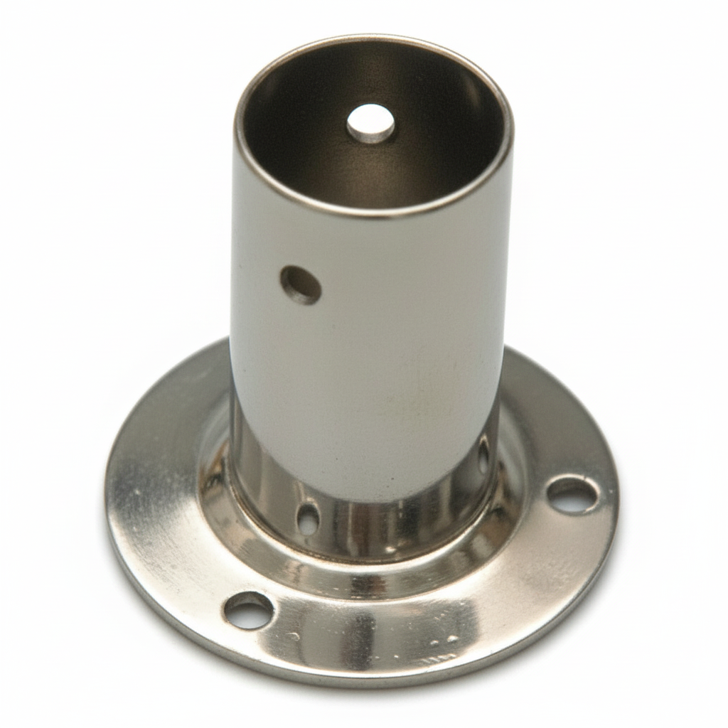 Base tonda 90° acciaio inox lucido con tubo cilindrico verticale e flangia forata per fissaggio