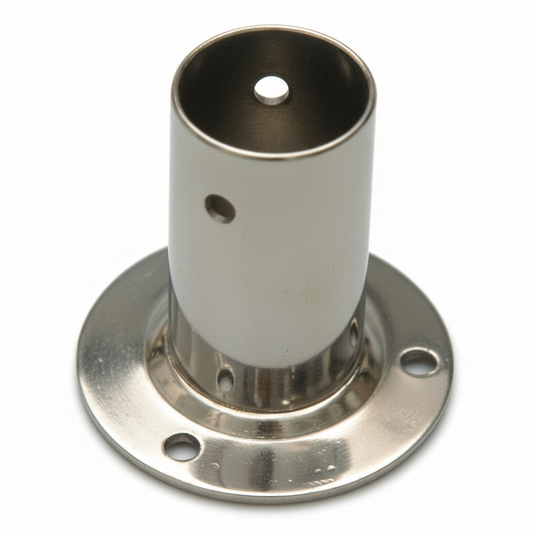 Base tonda 90° acciaio inox lucido con tubo cilindrico verticale e flangia forata per fissaggio