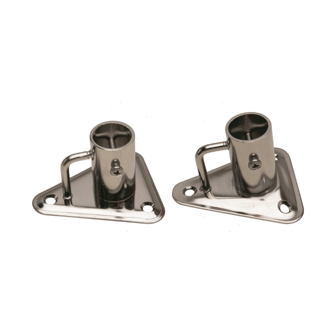 Coppia basi triangolari per candelieri Ø 25 mm in acciaio inox lucido con fori di fissaggio