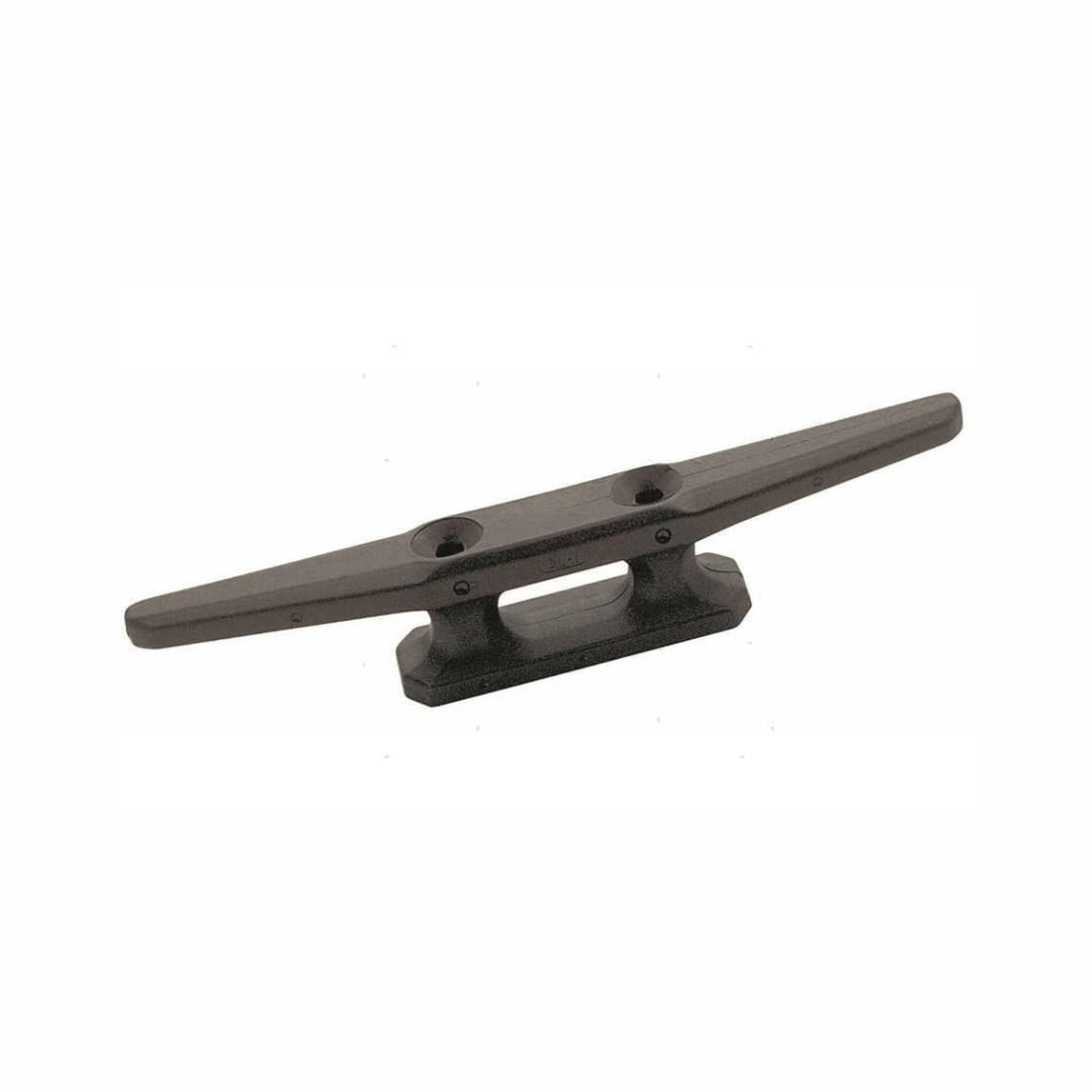 Bitta 80 mm in plastica nera con base rettangolare e due fori di fissaggio, vista laterale
