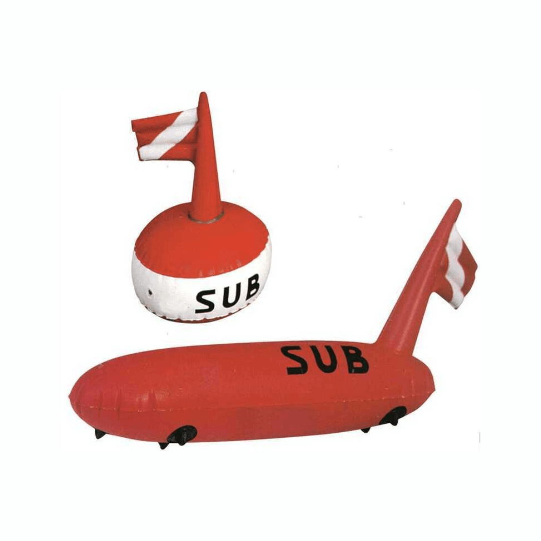Boa sub rotonda e torpedo rossa e bianca con bandiera segnasub, forma sferica e torpedo