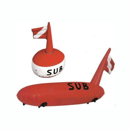 Boa sub rotonda e torpedo rossa e bianca con bandiera segnasub, forma sferica e torpedo