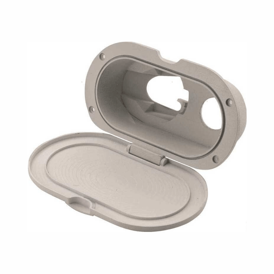 Box doccetta miscelatore SM ovale in plastica grigia con coperchio aperto, incasso 70x115 mm