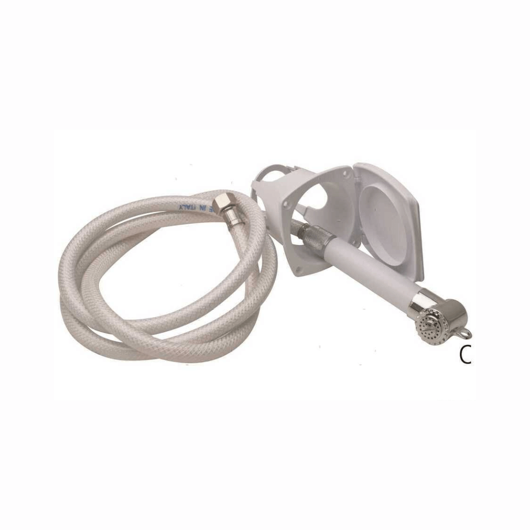 Box doccetta Uni-S bianco con tubo flessibile intrecciato bianco e soffione cromato