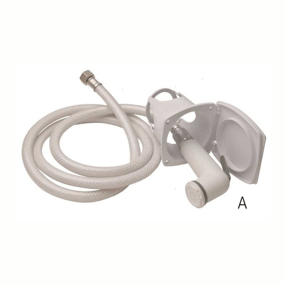 Box doccetta Uni-S bianco con doccetta, supporto a parete con sportello e tubo flessibile intrecciato