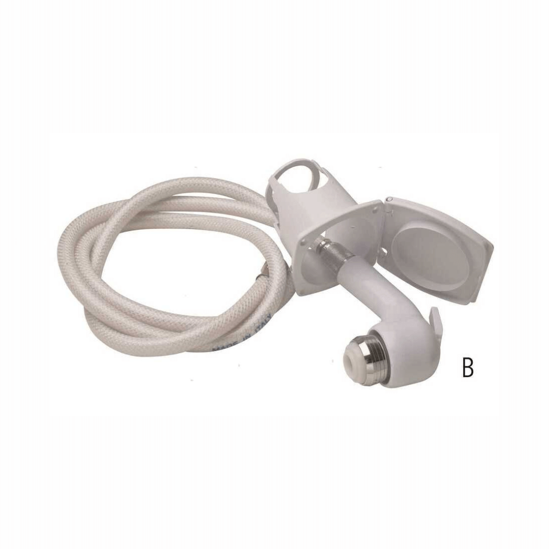 Box doccetta Uni-S bianco con tubo flessibile intrecciato, supporto a parete e raccordo cromato