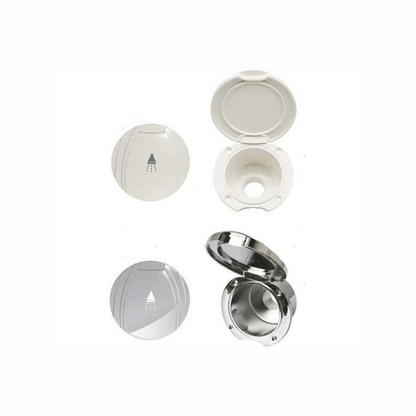 Box doccetta dritta 246 in plastica bianca e acciaio inox, versione aperta e chiusa, con simbolo doccia