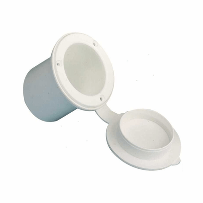 Passacavo rotondo bianco in plastica con coperchio apribile a scatto, vista aperta