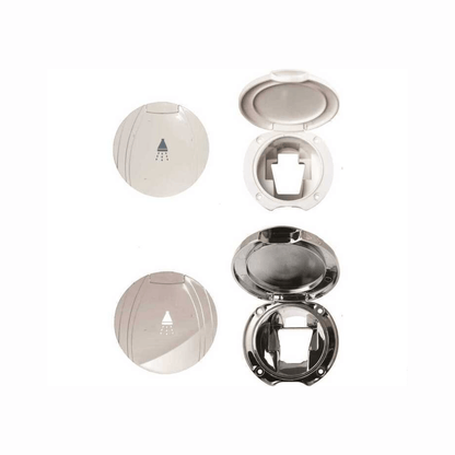 Box doccetta rotondo universale in bianco e acciaio inox, versione aperta e chiusa con attacco rapido