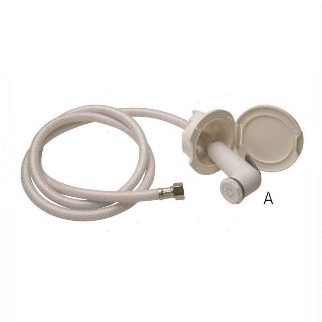 Box doccetta rotonda universale bianca con tubo flessibile intrecciato bianco e raccordo metallico