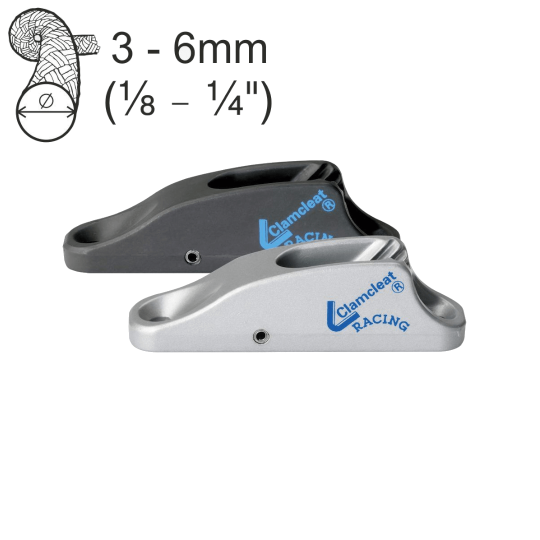 Strozzascotte Clamcleat Racing CL230 in alluminio, colori grigio e silver, per cime 3-6mm