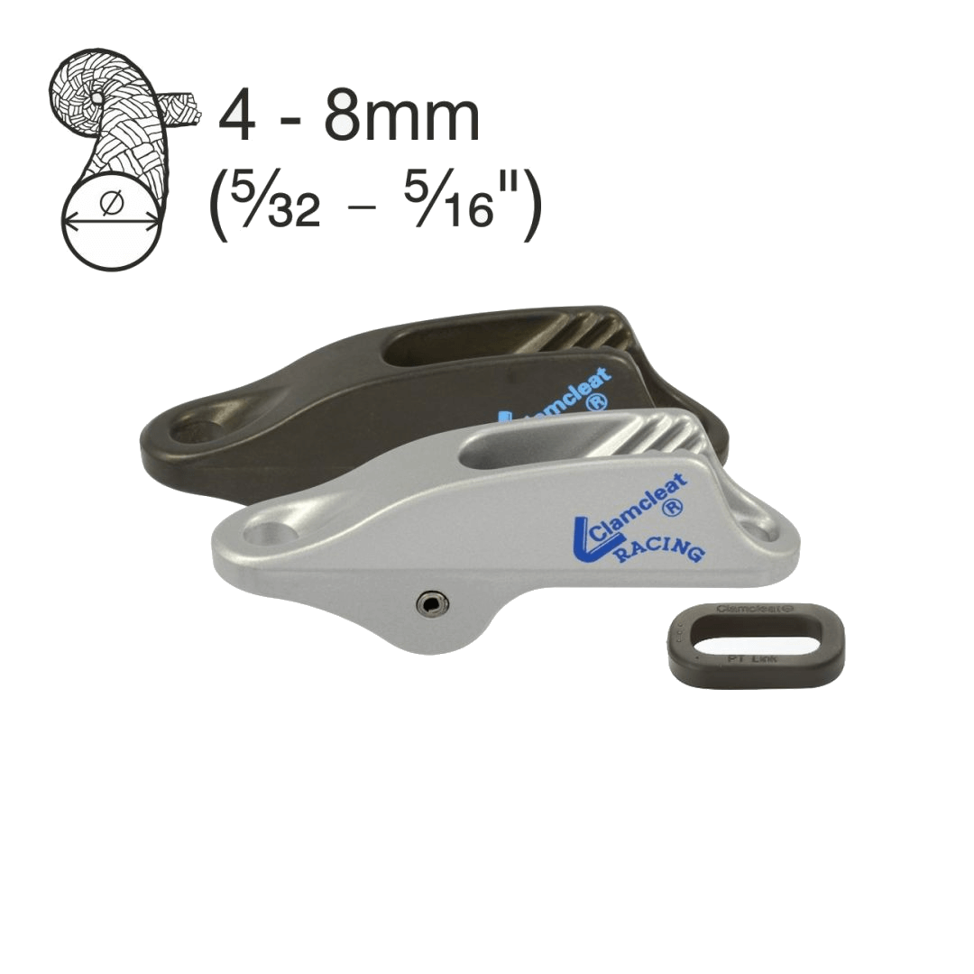 Strozzascotte Clamcleat Racing CL253 in alluminio argento e antracite, per cime Ø 4-8mm, con fascetta