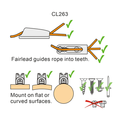 Scheda tecnica strozzascotte Clamcleat CL263 nylon: fairlead, montaggio su superfici piane e curve, tipi di viti compatibili