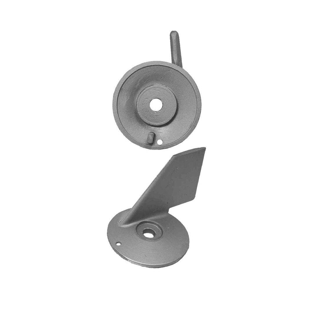 Anodo pinna Suzuki DT75-85 DF40 in zinco grigio, base circolare con foro centrale e pinna direzionale